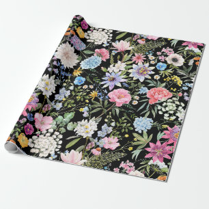 Papel De Presente Flores de Jardim em Aquarela Elegante Preto