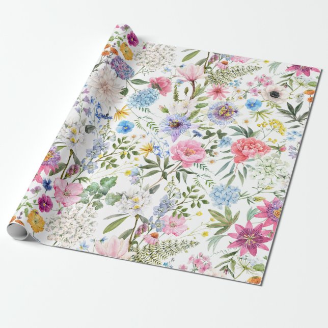 Papel De Presente Flores de Jardim Misturadas por Aquarela (Desenrolado)