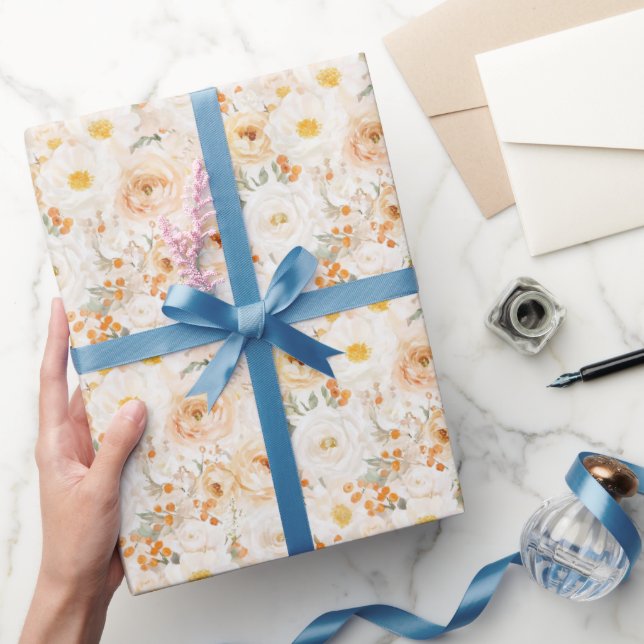 Papel De Presente Flores de Laranja Pêssego Aniversário (Presentear)