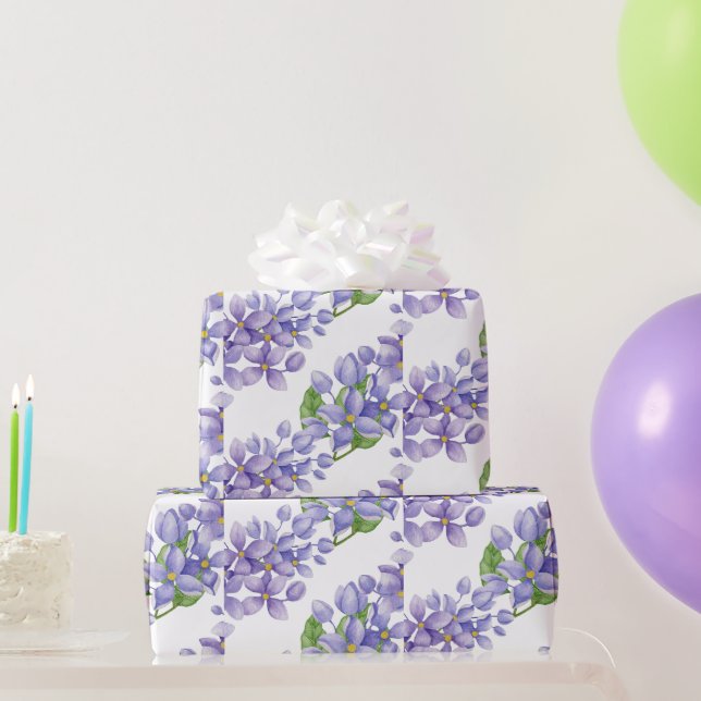 Papel De Presente Flores de Lilás em Aquarela Roxa (Presentes para festas)