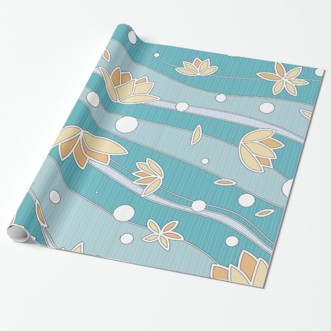 Papel De Presente Flores de Lotus Amarelos em faixas cianas (Desenrolado)