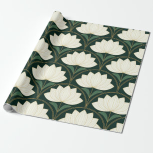 Papel De Presente Flores de Lótus Art Déco em formas de Leque Dourad