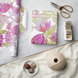 Papel De Presente Flores de Magnólia Rosa Arte em Aquarela
