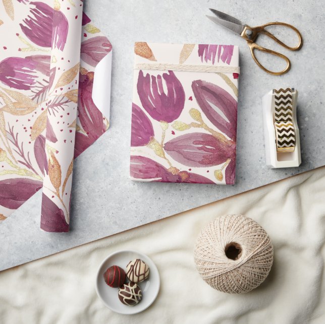 Papel De Presente Flores de Maracujá, Aquarela Burgundy e Dourado (Artesanato)