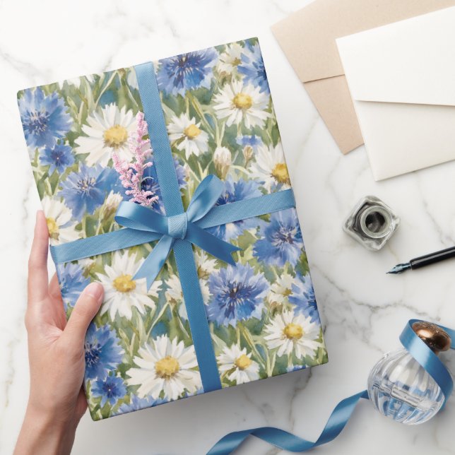Papel De Presente Flores de Margarida Brancas Azuis Aniversário (Presentear)