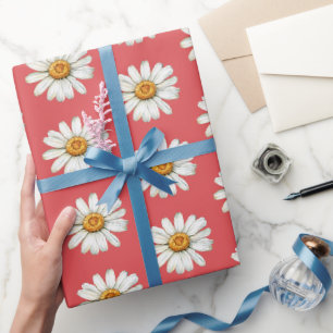 Papel De Presente Flores de Margarida Brancas Vermelhas Elegantes An
