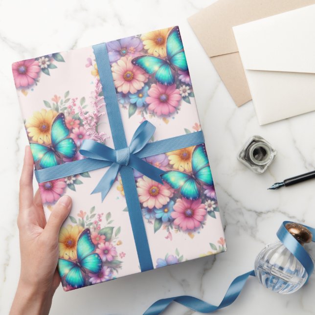 Papel De Presente Flores de Margarida com um Belo Padrão de Borbolet (Presentear)