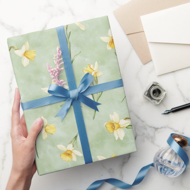 Papel De Presente Flores de Narciso Brancas Amarelas Verde Hortelã (Presentear)