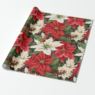 Papel De Presente Flores de Natal Branco Vermelho