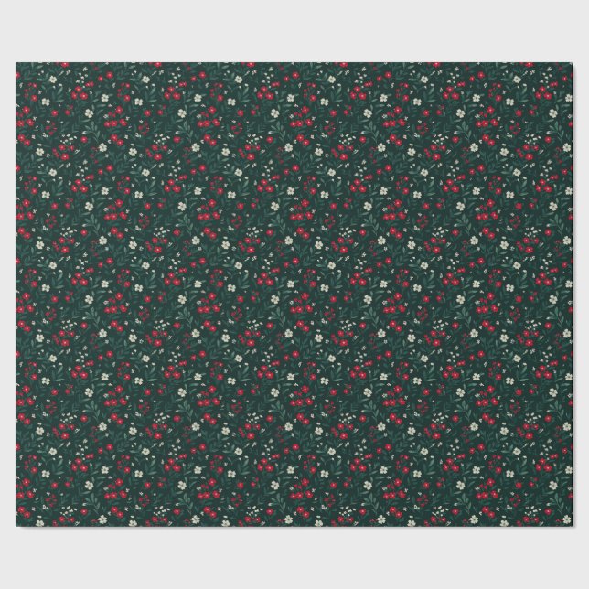 Papel De Presente Flores de Natal verdes vermelhas e brancas (Barra)