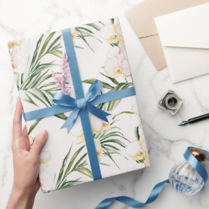 Papel De Presente Flores de Orquídea Branca Tropical Chuva de Noiva