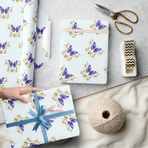 Papel De Presente Flores de Ouro chic e borboletas azuis monogramada