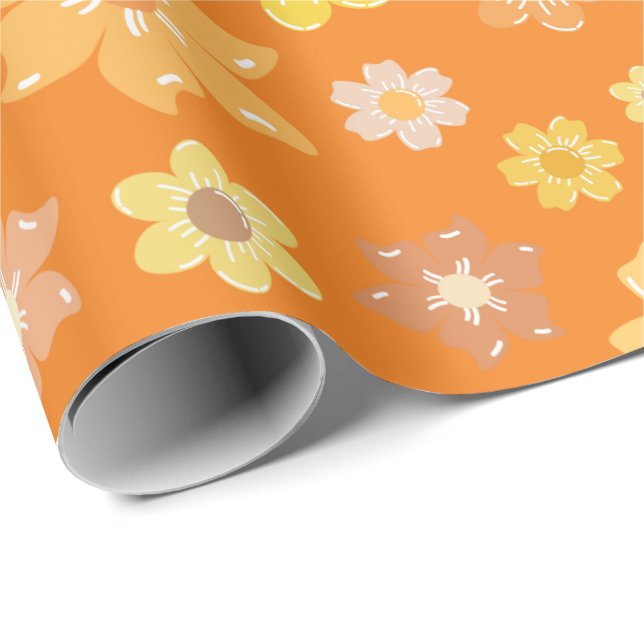Papel De Presente Flores de Ouro de queda Laranja sem costura (Ponta do rolo)