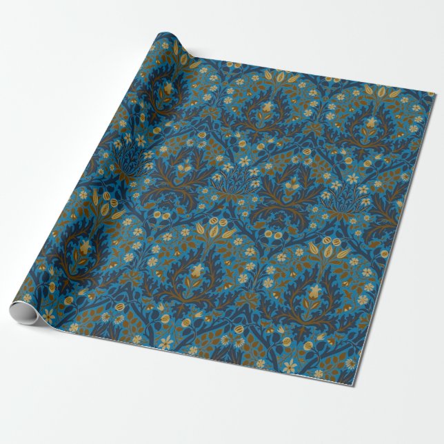 Papel De Presente Flores de Outono Azuis e Turquesa de William Morri (Desenrolado)
