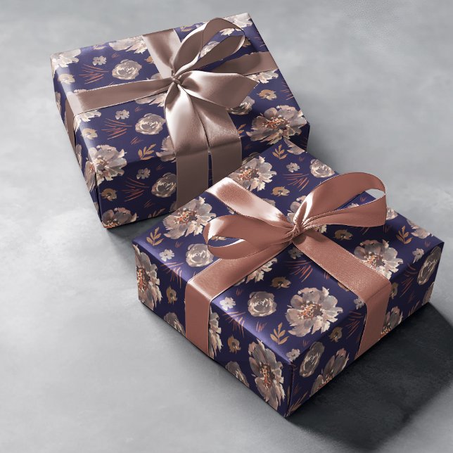 Papel De Presente Flores de Outono Temperamental Queda aquarela Padr (Autumn flowers on blue pattern wrapping paper.)