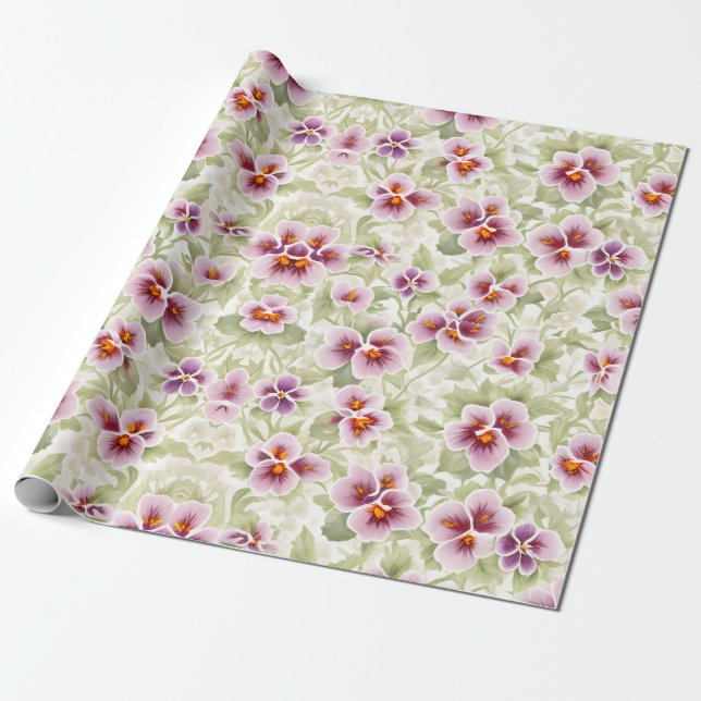 Papel De Presente Flores De Pansy De Padrão Floral (Desenrolado)