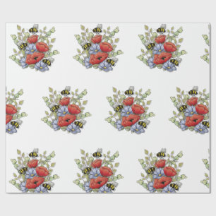 Papel De Presente Flores de Papoula e Desenho Digital de Abelhas, Bo
