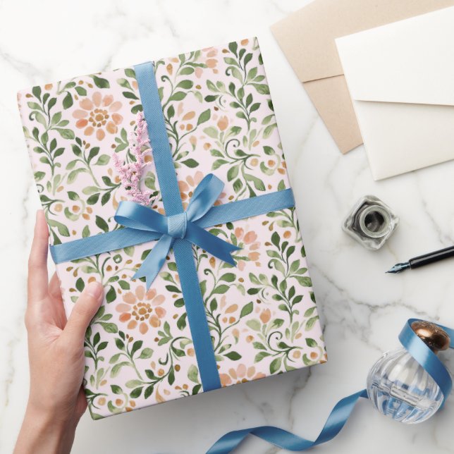 Papel De Presente Flores de Pêssego Bege Folhas Verdes (Presentear)