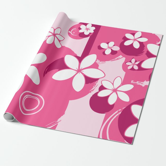 Papel De Presente Flores de Pétalas Brancas com Contornos Rosas (Desenrolado)