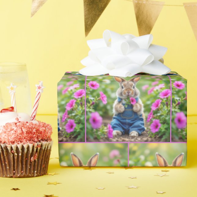 Papel De Presente Flores de Petunia Rosa Comendo Coelho (Festa de aniversário)