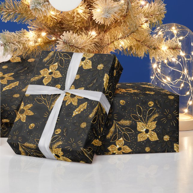 Papel De Presente Flores de Poinsettia de Natal Douradas e Pretas (Feriados)