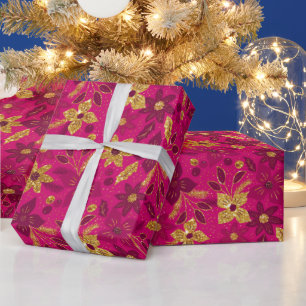 Papel De Presente Flores de Poinsettia de Natal Douradas e Rosas