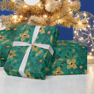 Papel De Presente Flores de Poinsettia de Natal Douradas e Verdes