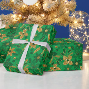 Papel De Presente Flores de Poinsettia de Natal Douradas e Verdes