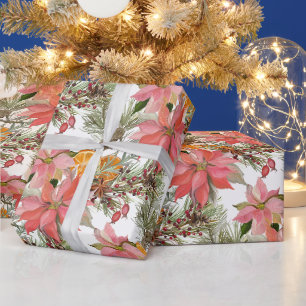 Papel De Presente Flores de Poinsettia de Natal e Laranja