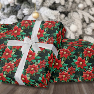 Papel De Presente Flores de Poinsettia de Natal em Padrão Festivo