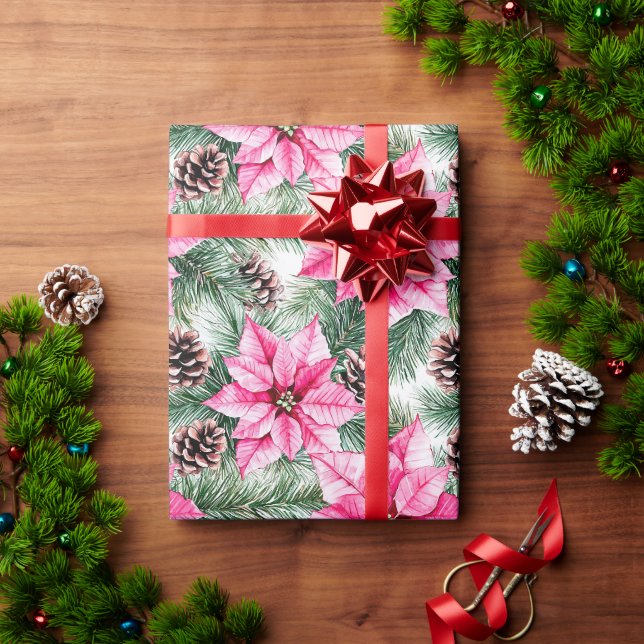 Papel De Presente Flores de Poinsettia Natal Glam Prata Rosa (Presente de Natal)