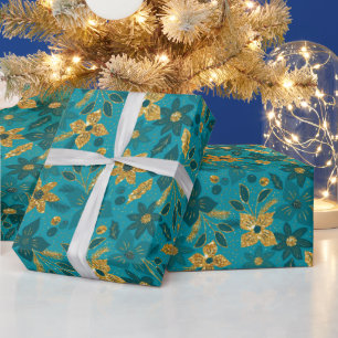 Papel De Presente Flores de Poinsettia Natalinas Douradas e Azul Tur