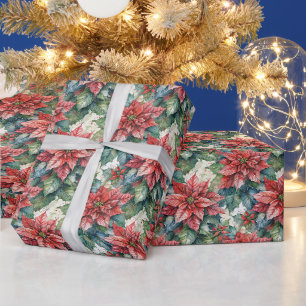 Papel De Presente Flores de Poinsettia Vermelha de Natal aquarela
