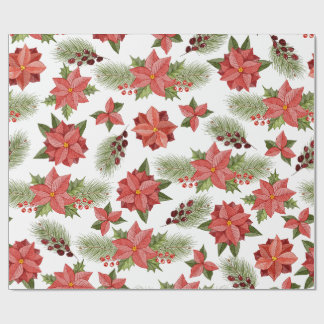 Papel De Presente Flores De Poinsettia Vermelha E Berries Holly