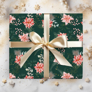 Papel De Presente Flores de Poinsettia Vermelhas em Verde Escuro