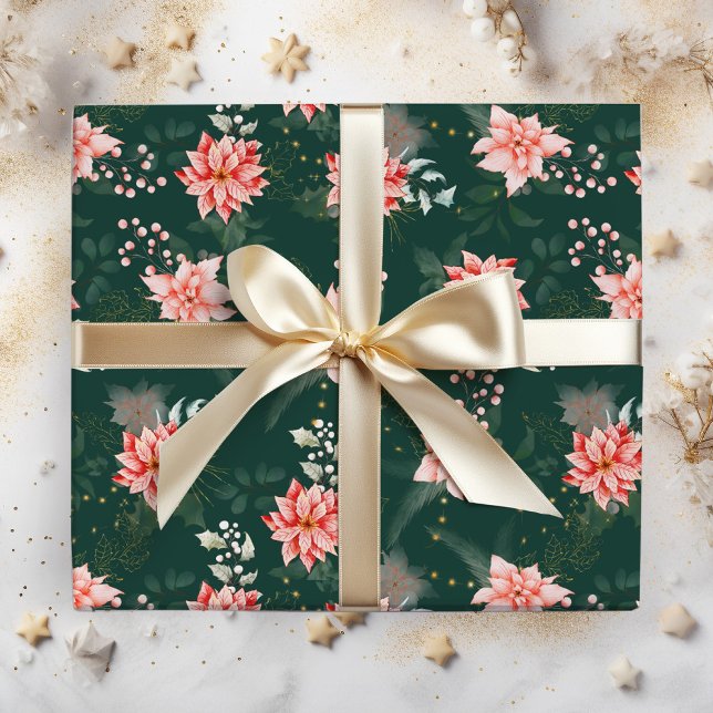 Papel De Presente Flores de Poinsettia Vermelhas em Verde Escuro (Criador carregado)
