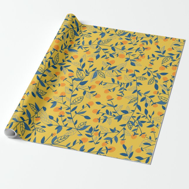 Papel De Presente Flores de rabo em azul e amarelo (Desenrolado)