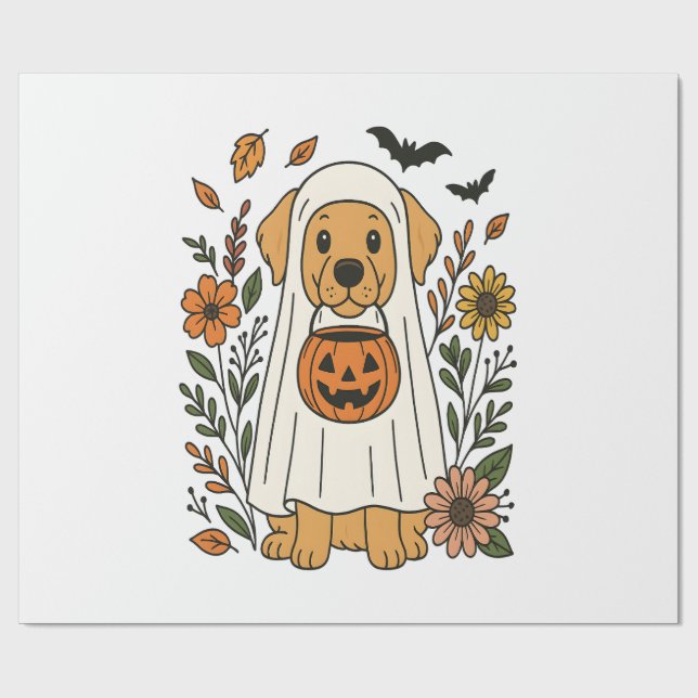 Papel De Presente Flores de Retriever Dourado de Halloween (Aberto)