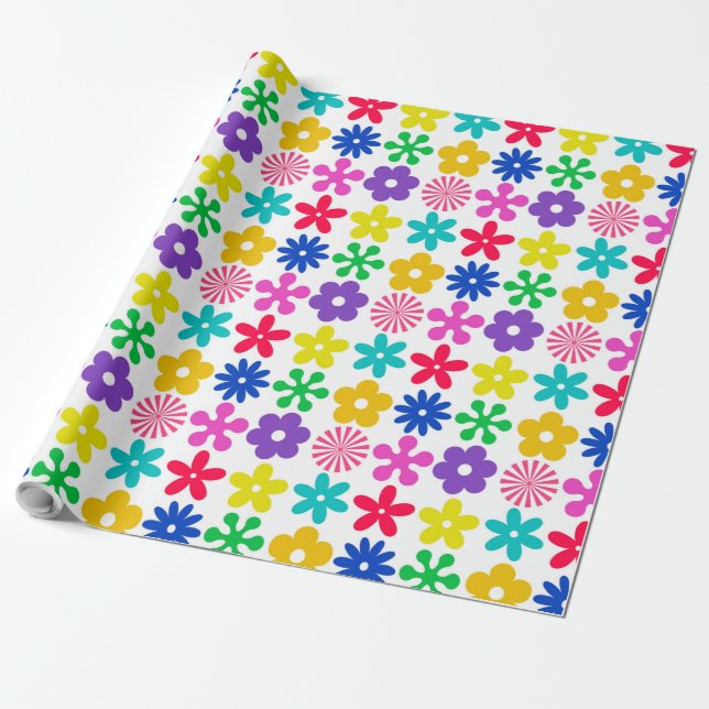 PAPEL DE PRESENTE FLORES DE RETRO GROOVY (Desenrolado)