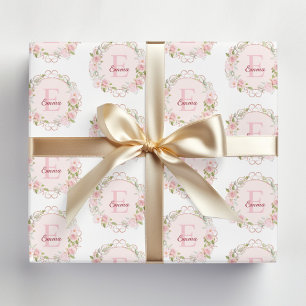Papel De Presente Flores de Rosa Cor de Rosa em Aquarela com Monogra
