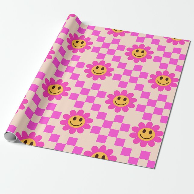 Papel De Presente Flores de Sorriso Rosa Quente Verificadas com quad (Desenrolado)