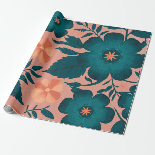 Papel De Presente Flores de Teal e Pêssego em um Fundo Rosa Suave