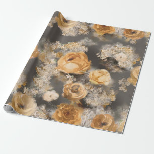 Papel De Presente flores decorativas douradas em aquarela monocromát