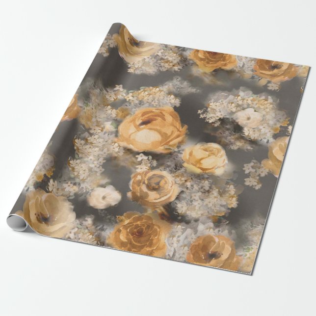 Papel De Presente flores decorativas douradas em aquarela monocromát (Desenrolado)