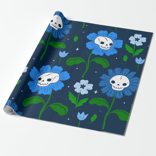 Papel De Presente flores do crânio floral de halloween azul (Desenrolado)