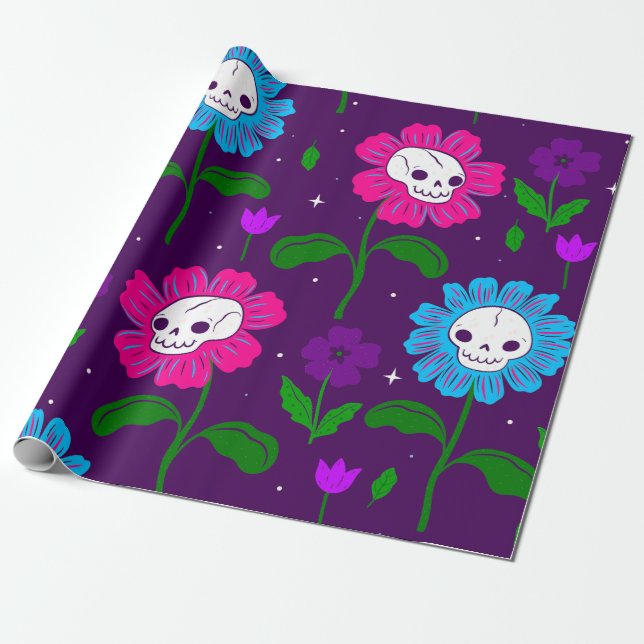 Papel De Presente flores do crânio floral de halloween púrpura (Desenrolado)