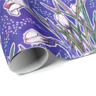 Papel De Presente Flores do Jardim de Crocos Brancos Azul Floral Bot