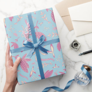 Papel De Presente Flores e Arcos Azuis Delicados