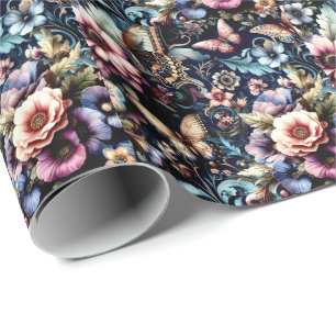 Papel De Presente Flores e Borboletas Antigas da Primavera