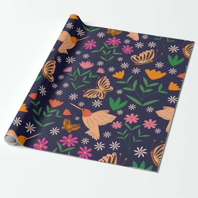 Papel De Presente Flores e Borboletas com Beija-flores  (Desenrolado)
